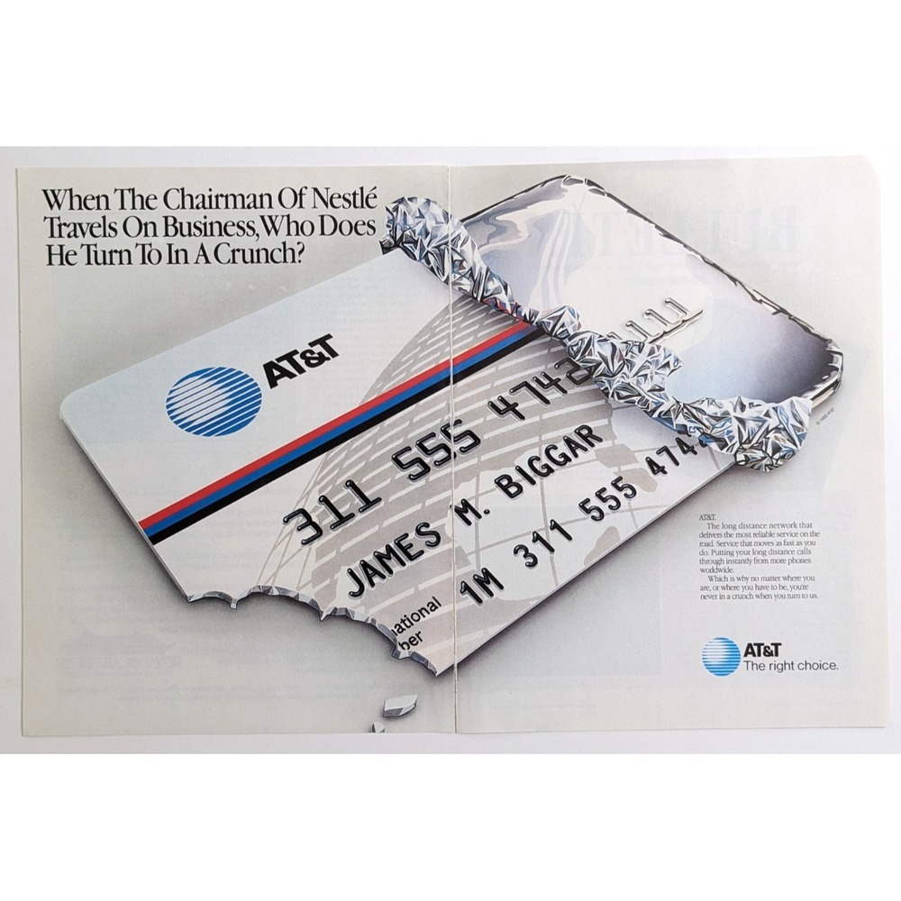 Vintage 1980s Print Ad AT&T Long Distance Calling Card Nestlé Chairman Two Page